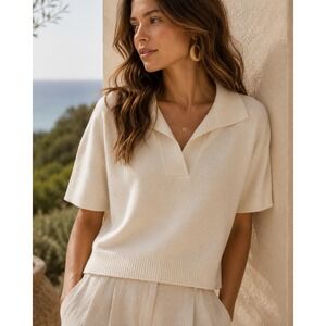 Sablyn Jett Polo Sweater Women Medium Cream 100% Cashmere Short Sleeve Boxy Knit